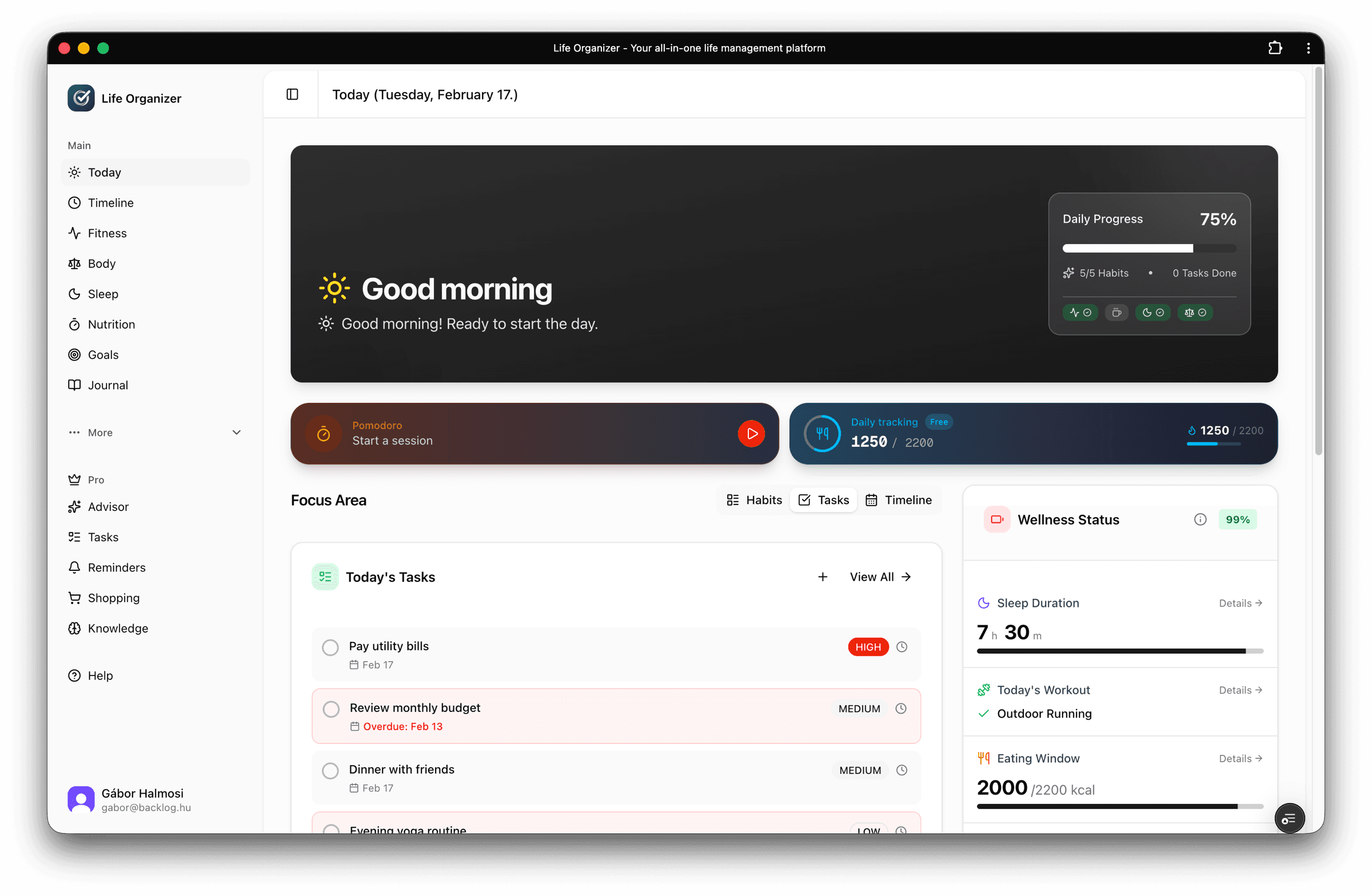 Life Organizer dashboard showing daily timeline, habits, and wellness score